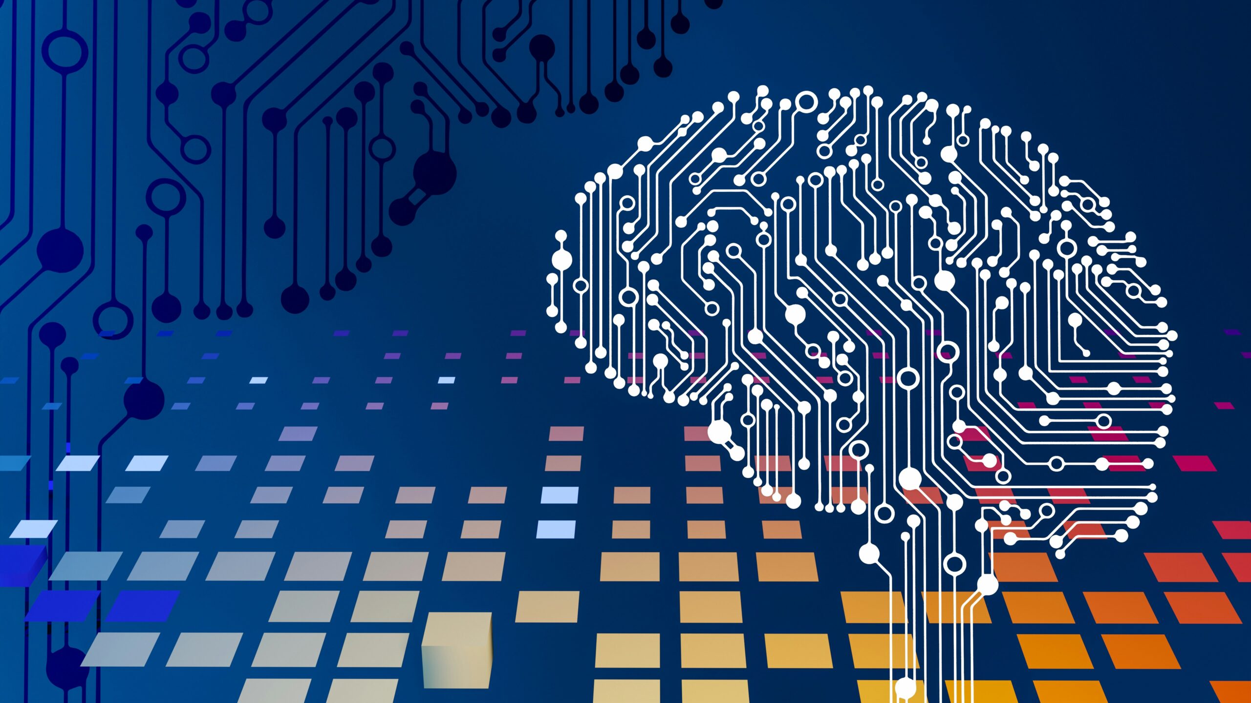 Digital brain composed of circuitry and computer components set against a blurred technology background, symbolizing the fusion of AI and legal innovation.