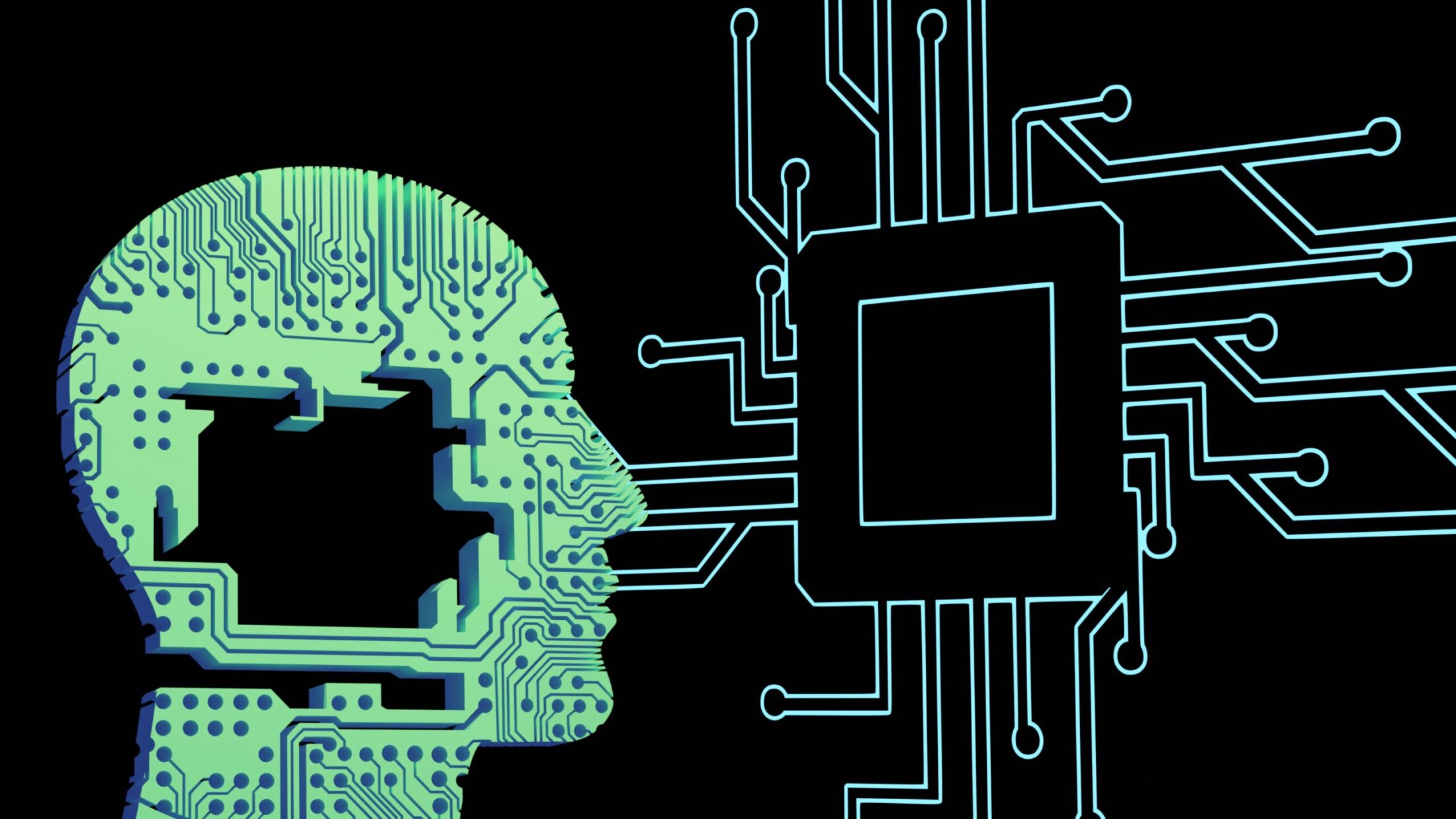 Close-up photo of a motherboard with electrical components arranged in the shape of a human face, symbolizing the intersection of technology and human creativity.