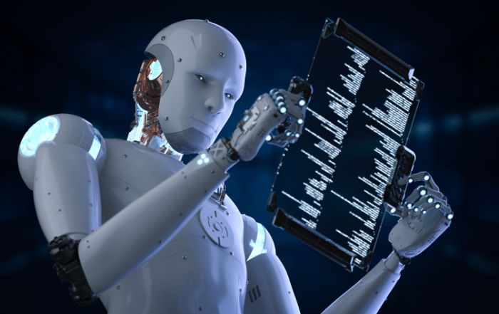 A AI robot symbolizing the role of artificial intelligence in legal verdicts and litigation strategies.